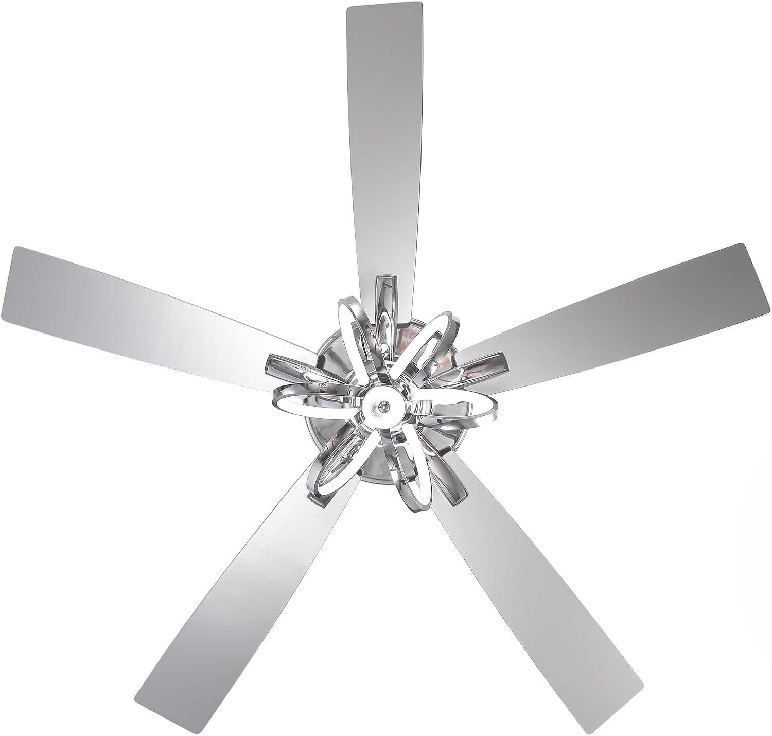 52 Inch Silver Ceiling Fans with Lights and Remote, Creative Modern Ceiling Fan for Bedroom Living Room with 3CCT, 6 Speeds, Timer, Dual-Sided Reversible 5 Blades Indoor Outdoor Chandelier Fan