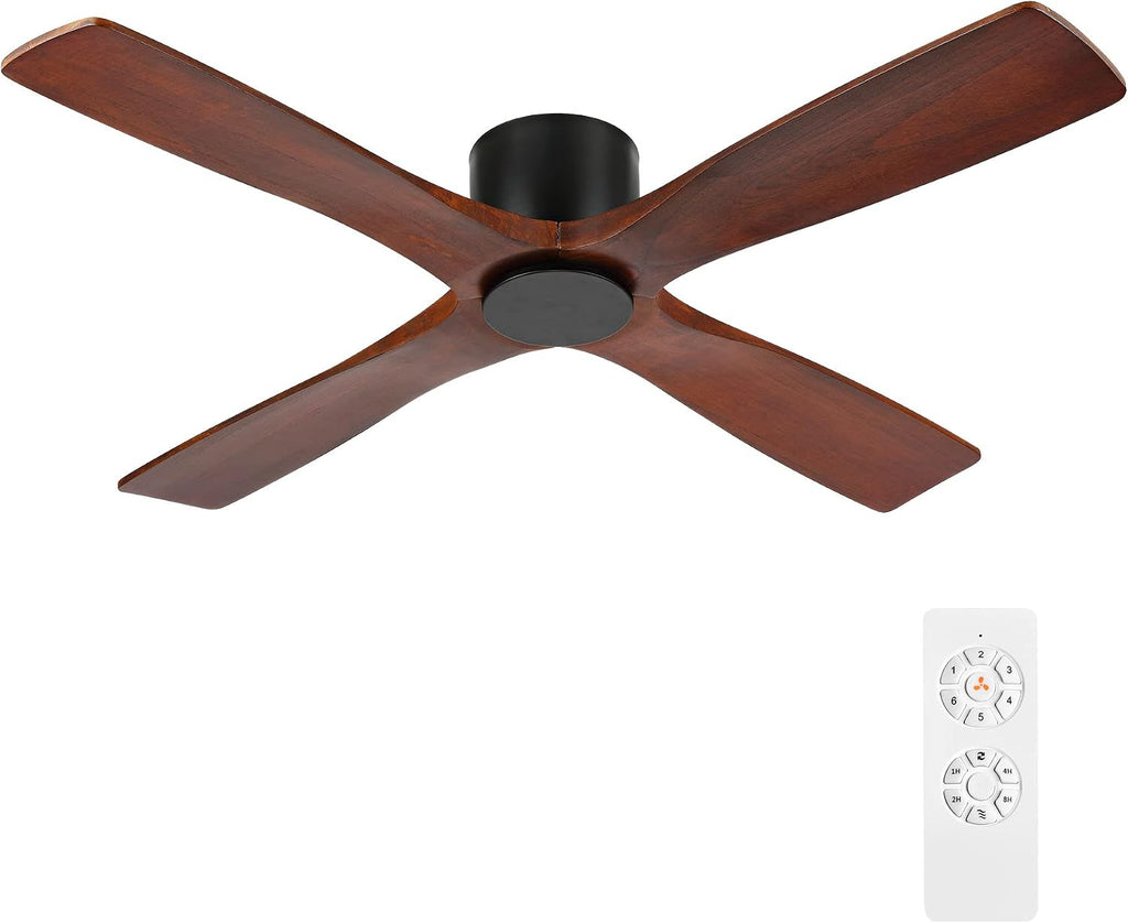 WINGBO 54 Inch Flush Mount DC Ceiling Fan without Lights, 4 Reversible Carved Wood Blades, 6-Speed Noiseless DC Motor, Hugger Ceiling Fan No Lights in Matte Black Finish with Walnut Blades, ETL Listed
