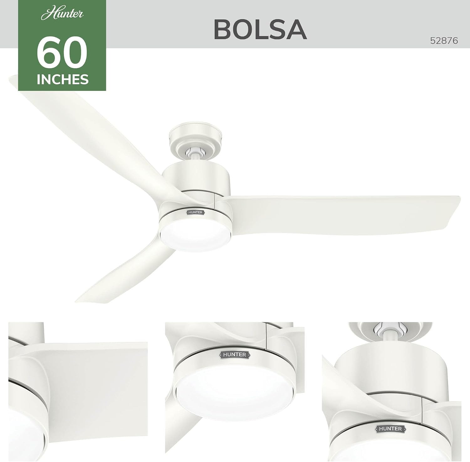 Hunter 60' Bolsa Indoor Ceiling Fan with LED Light, Remote, Fresh White | SureSpeed high velocity airflow, 6-speed DC motor, and 3' downrod support large rooms, bedrooms, offices, or great rooms.