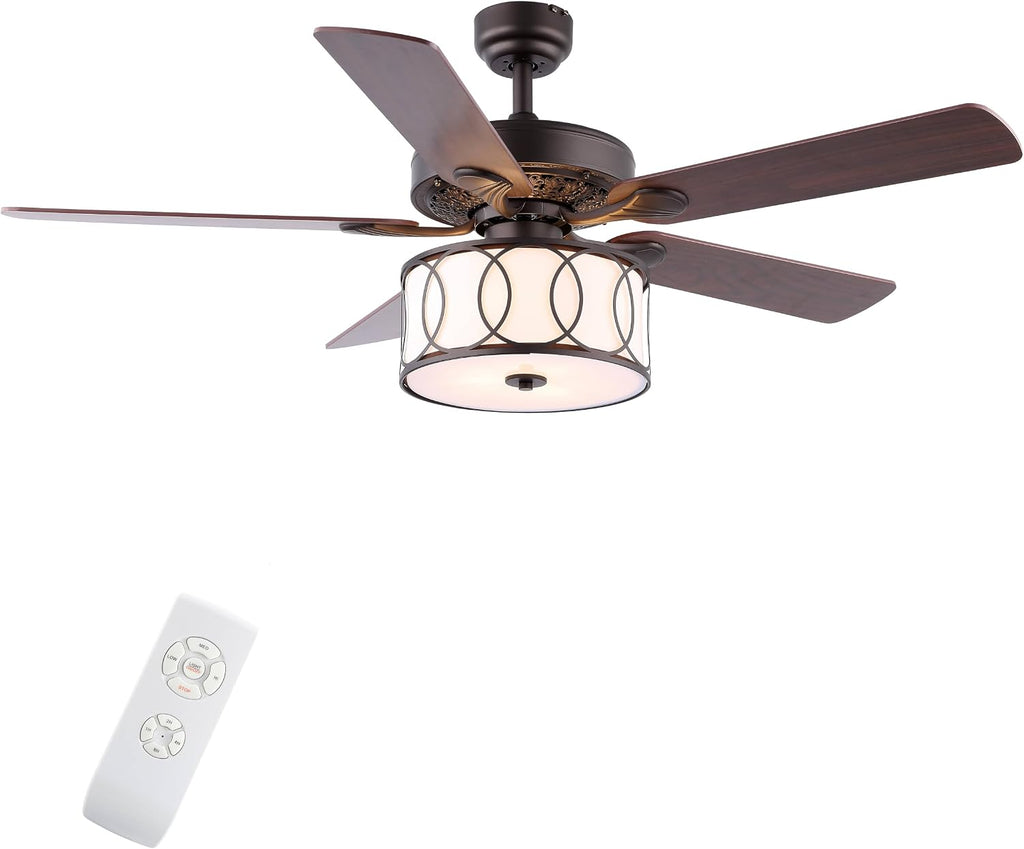 JONATHAN Y 52' Oil Rubbed Bronze/White Modern Glam LED Ceiling Fan with Remote, 3-Light Indoor Fan with 5 Reversible Blades, White Fabric Drum Shade for Living Room, Bedroom, ETL Listed (JYL9607B)