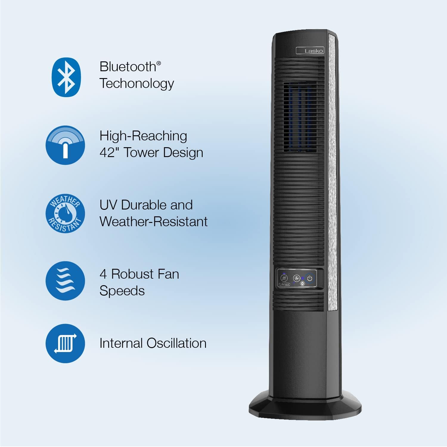 Lasko 42' Portable Outdoor Tower Fan with Bluetooth Technology for Decks, Patios and Porches with 4 Speeds, Night Mode, Internal Oscillation, Black, YF200, Large