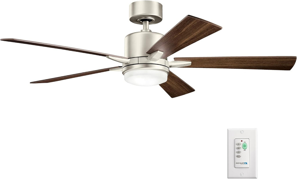 KICHLER 330000NI Protruding Mount, 5 Silver/Walnut Blades Ceiling fan with 73 watts light, Brushed Nickel