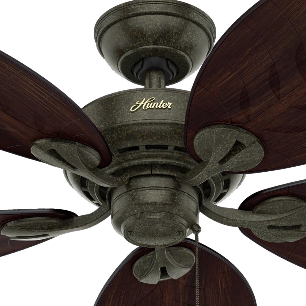 Hunter 54 inch Outdoor or Indoor Ceiling Fan No Light - Ceiling Fan without Light, For Patio, Porch, Garage, or Living Room, Standard Mount, 5 Blades, Pull Chain - Bayview 50473, Provencal Gold