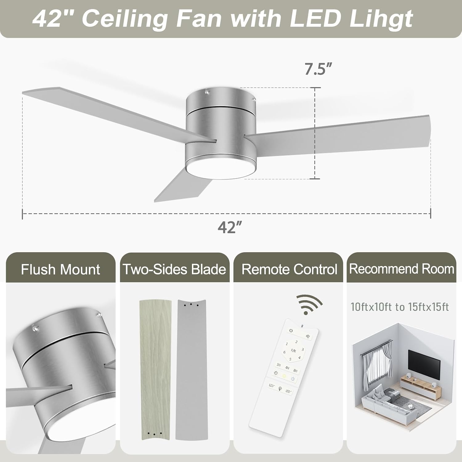 GESUM 42 Inch Ceiling Fan with Lights, Flush Mount Ceiling Fans with Remote Control, Dimmable, 3CCT, Reversible, Nickel Bedroom Ceiling Fans with 3 Blades for Patios Bedroom Kitchen Porch (Nickel)