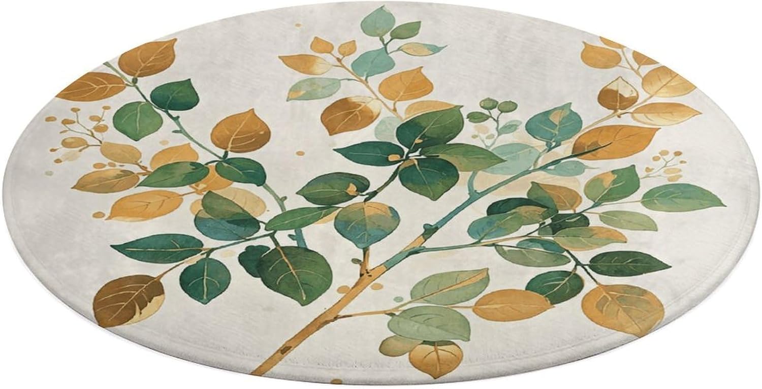 Watercolor Golden Green Plant Branches Coral Velvet Round Floor Mat Non-Slip Bath Rug Floor Covering for Bathroom Vanity Guest Suite & Vacation Home