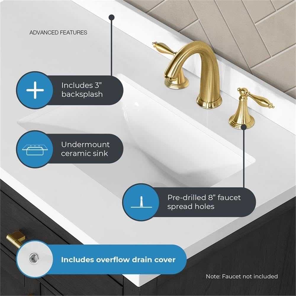 Pemberly Row 60' Double Bathroom Vanity, Matte Black Wood, White Quartz Countertop with 3' Backsplash, 2 Undermount Sinks, Shaker Style, Ample Storage, Brushed Gold Hardware for Master or Guest