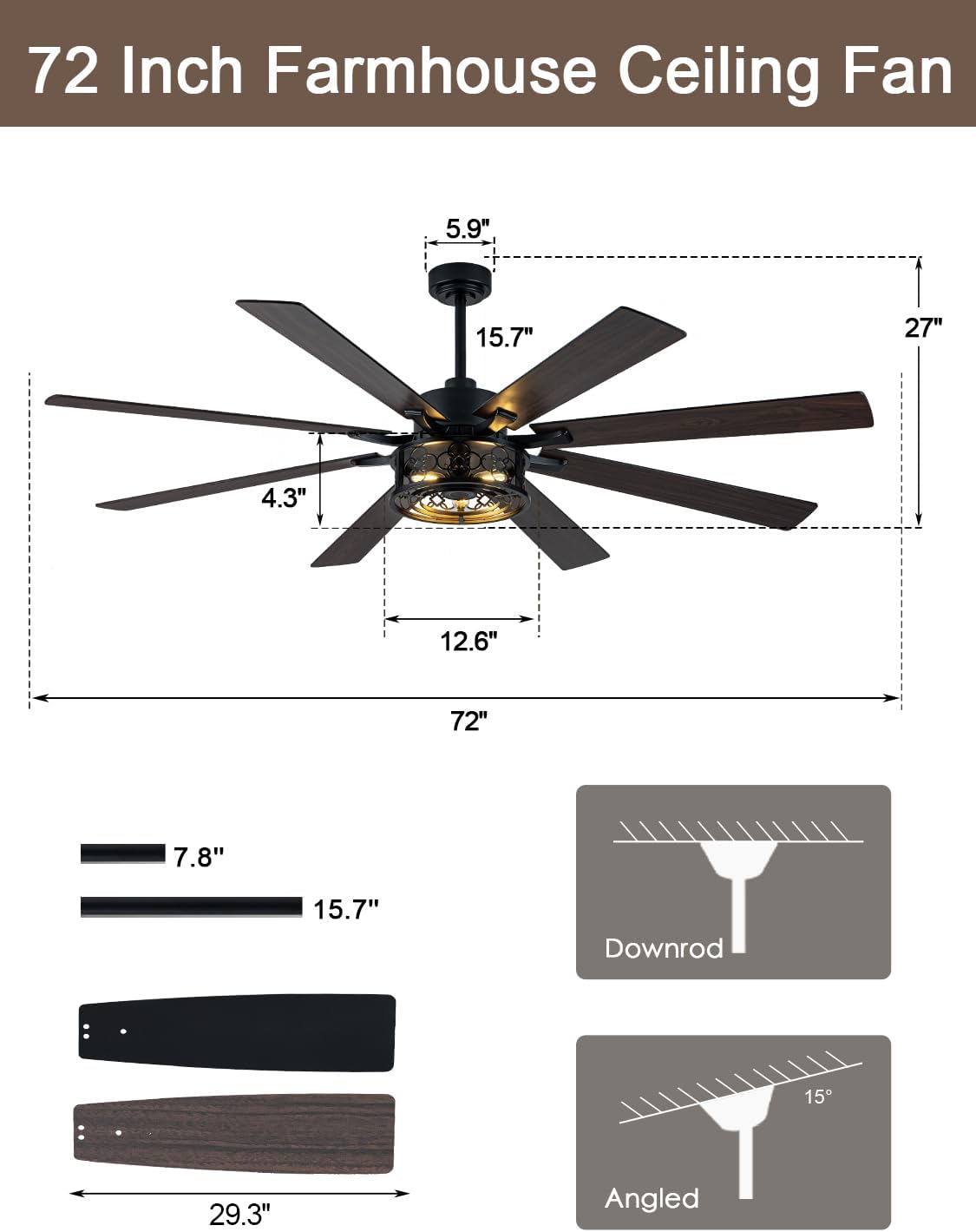 72 Inch Farmhouse Ceiling Fan with Lights and Remote Large Rustic Ceiling Fan Black Caged Fandelier Industrial Chandelier Light, Reversible Quiet DC Motor 6 Speed for Indoor Outdoor