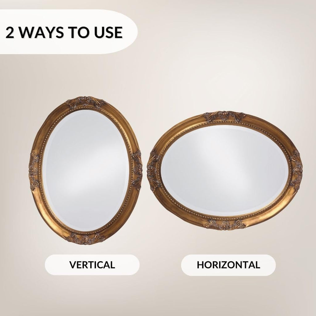 Howard Elliott Collection Queen Ann Oval Antique Gold Leaf Wall Mirror, Oval Bevelled Hanging Wood Framed Vanity Mirrors for Home Decor, Living Room, Bathroom, Bedroom, or Hallway, 25 x 33 Inch