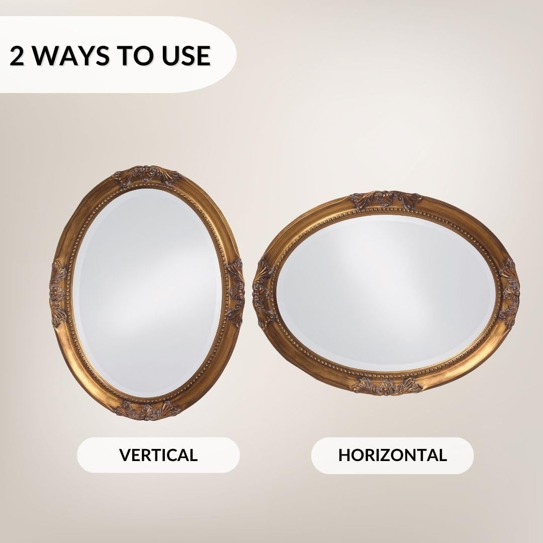 Howard Elliott Collection Queen Ann Oval Antique Gold Leaf Wall Mirror, Oval Bevelled Hanging Wood Framed Vanity Mirrors for Home Decor, Living Room, Bathroom, Bedroom, or Hallway, 25 x 33 Inch