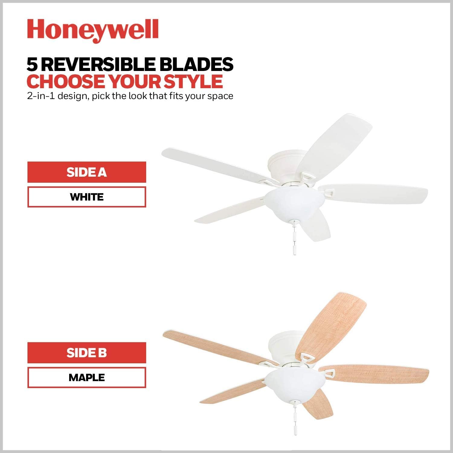 Honeywell Glen Alden 52 Inch Indoor LED Ceiling Fan with Bowl Light, Pull Chain Control, 5 Dual-Finish Blades, Quiet Reversible Motor, White