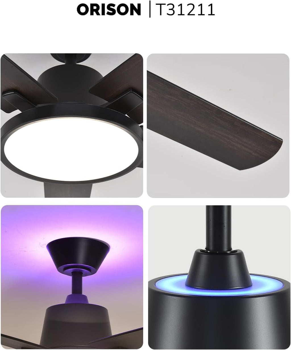 Orison Ceiling Fans with Lights, 52 inch Low Profile Ceiling Fan with RGB Backlight, Flush Mount Ceiling Fan with Remote and App Control,White Bedroom Fan, 6 Speeds, 5 Reversible Blades (Black RGB)