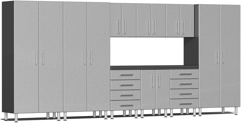 Ulti-MATE UG23101S 10-Piece Garage Cabinet Kit with Channeled Worktop in Stardust Silver Metallic