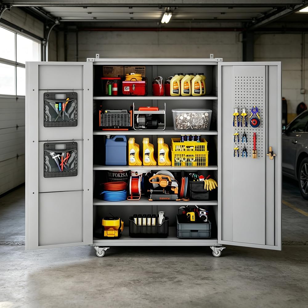 Yeeoy Wide & Deep Metal Garage Storage Cabinet with Pegboard & Adjustable Shelves, Lockable Storage Cabinet with Wheels, Tool Organization Cabinets for Office Garage Shop, 43''W x 22''D x 72''H, Gray