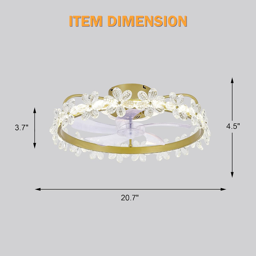 Fandelier Ceiling Fan with Light and Remote, 22'' Dimmable LED, 3 Colors, 6 Speeds, Flush Mount Low Profile Small Ceiling Fan with APP Control for Kids Room Bedroom