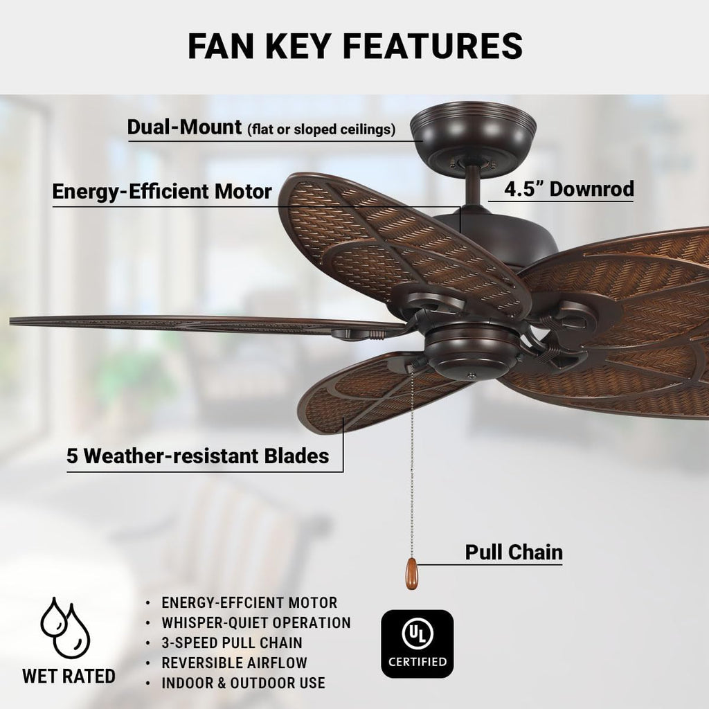 kathy ireland HOME [CF621VNB] Batalie Breeze Outdoor Ceiling Fan, 52 Inch | Large Metal Fixture with Palm Leaf Blades, Quiet Motor, and Pull Chain | Tropical Style for Outside and Indoor, Bronze
