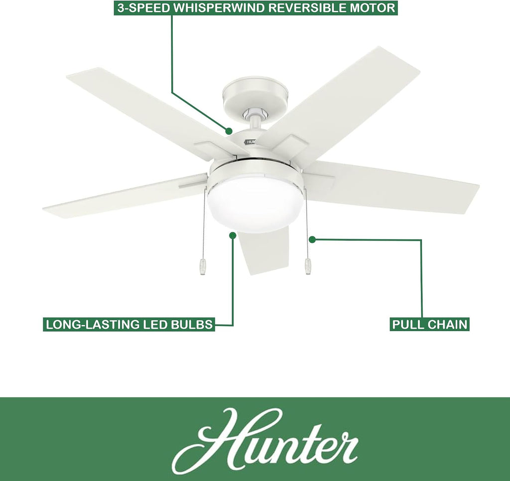 Hunter Fan 44 inch Indoor Ceiling Fan with LED Light, White Ceiling Fan with Pull Chain, For Bedroom,Office, Kitchen, Living Room, 5 Blades (Renewed)