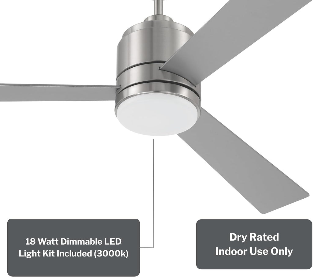 Craftmade McCoy 52' Indoor Ceiling Fan | 3-Blade Brushed Nickel | Integrated 18W Dimmable 3000K LED Light | Hardwired Wall Control, 4-Speed Reversible Motor | Rated for Indoors Only