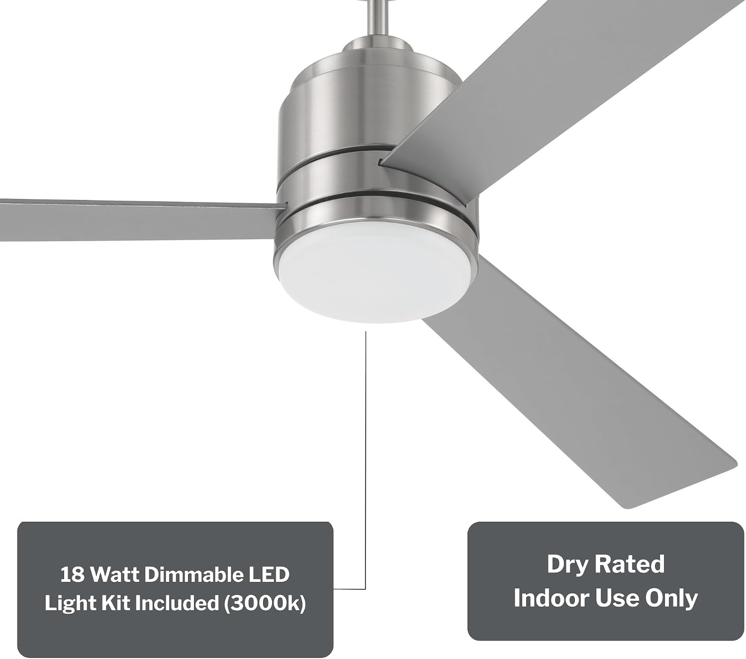 Craftmade McCoy 52' Indoor Ceiling Fan | 3-Blade Brushed Nickel | Integrated 18W Dimmable 3000K LED Light | Hardwired Wall Control, 4-Speed Reversible Motor | Rated for Indoors Only
