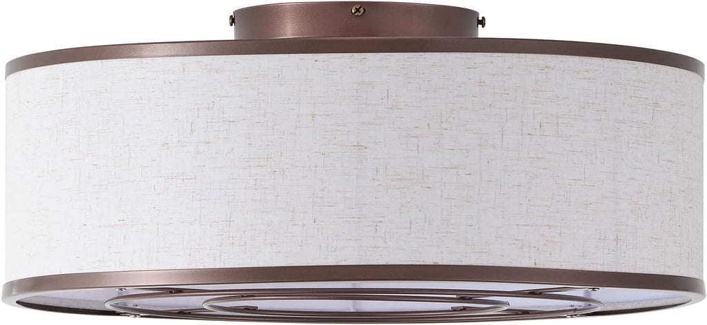 20 Inch Boho Ceiling Fan with Light, Low Profile Flush Mount Caged Ceiling Fan, Bladeless Brown Drum Chandelier with Remote, 6 Speed Reversible DC Motor for Bedroom Living Room, Nursery