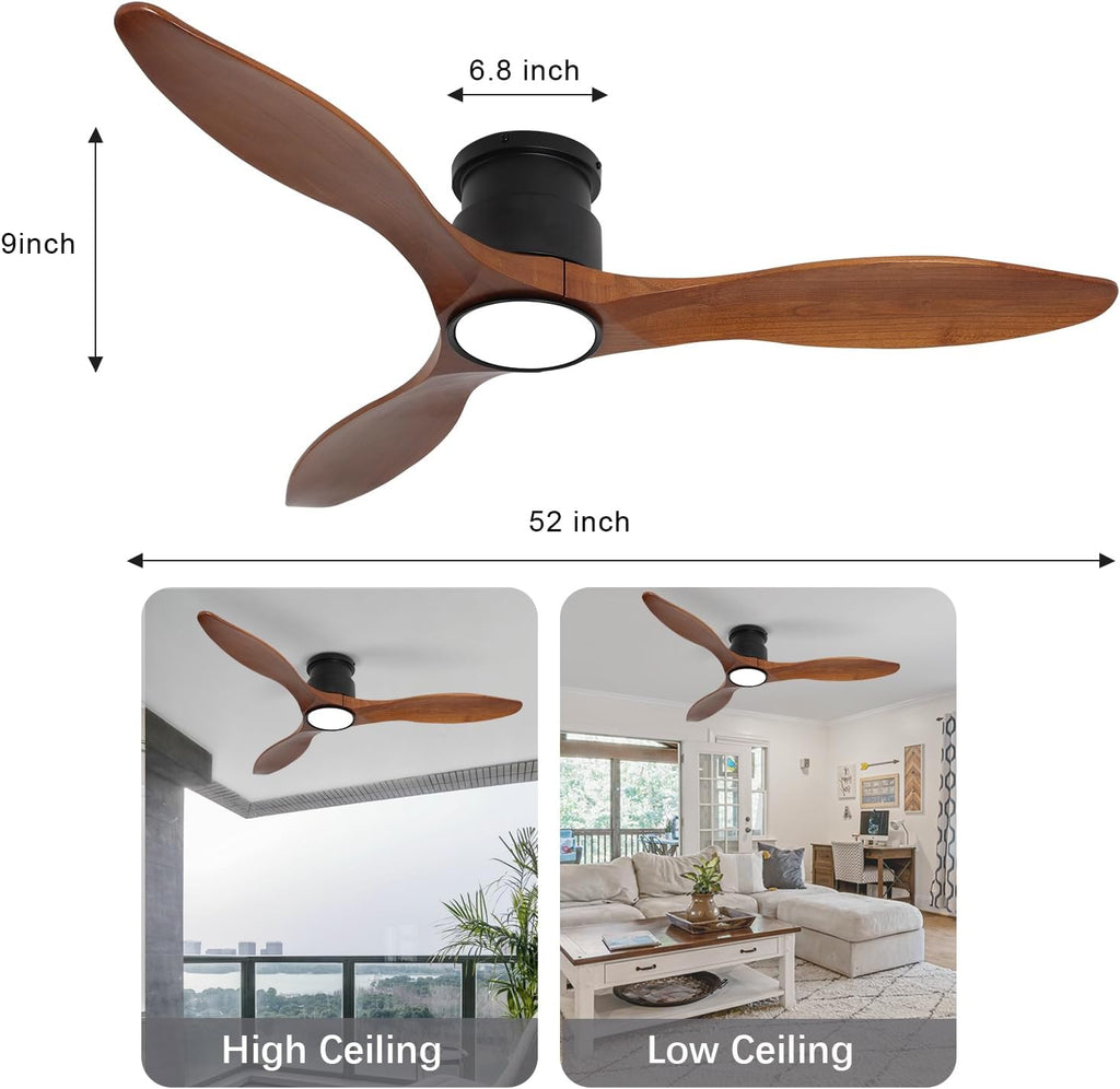 52Inch Wood Ceiling Fans with Lights and Remote Control, Indoor Outdoor Ceiling Fans Farmhouse, Low Profile Ceiling Fan with Light Timing 6 Speeds 3 Color Light Memory Lighting Reversible