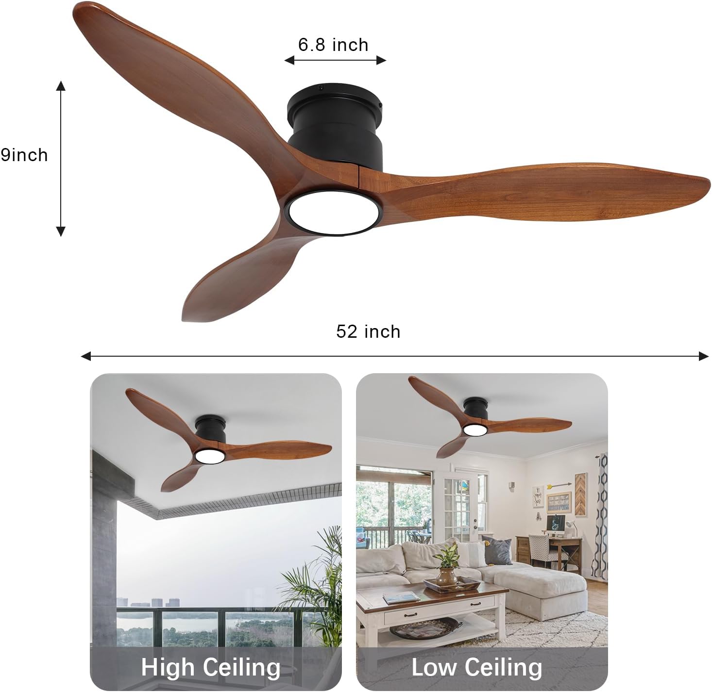 52Inch Wood Ceiling Fans with Lights and Remote Control, Indoor Outdoor Ceiling Fans Farmhouse, Low Profile Ceiling Fan with Light Timing 6 Speeds 3 Color Light Memory Lighting Reversible