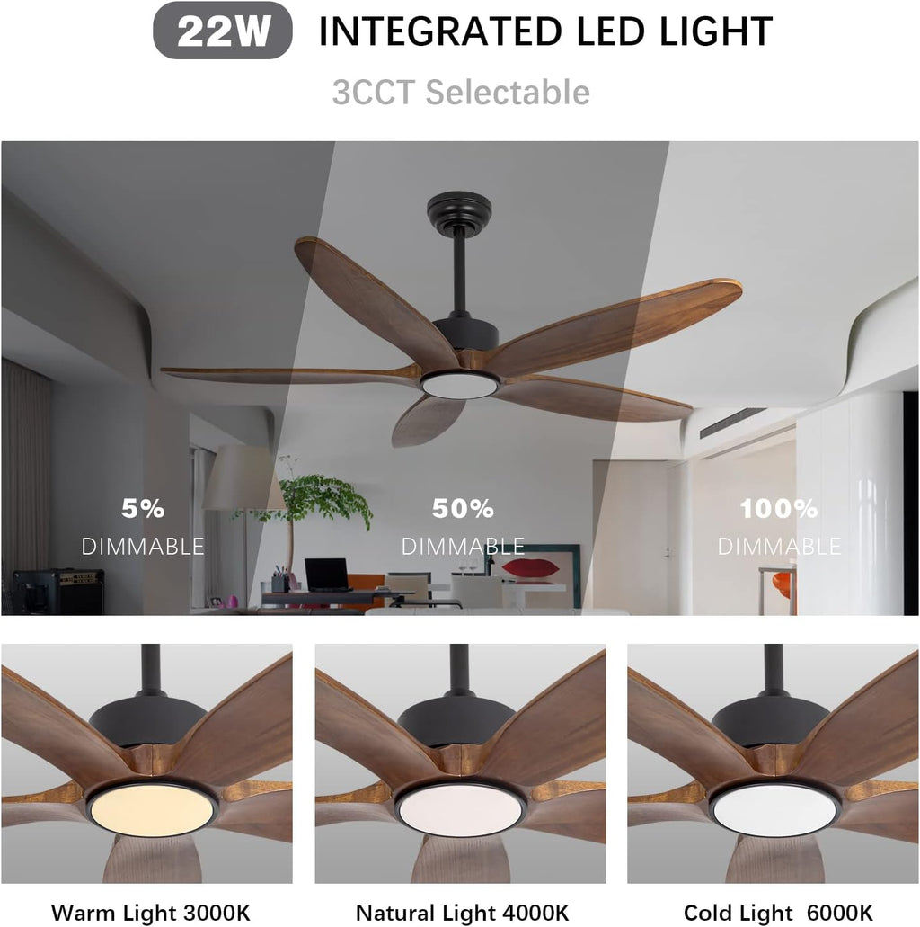 5 Wood Blades Ceiling Fan with Light and Remote,Quiet Reversible DC Motor,6 Wind Speed,LED Dimmable and Memory,for Bedroom/Patios/Living Room,52 inch,Dark Walnut Wood Blades