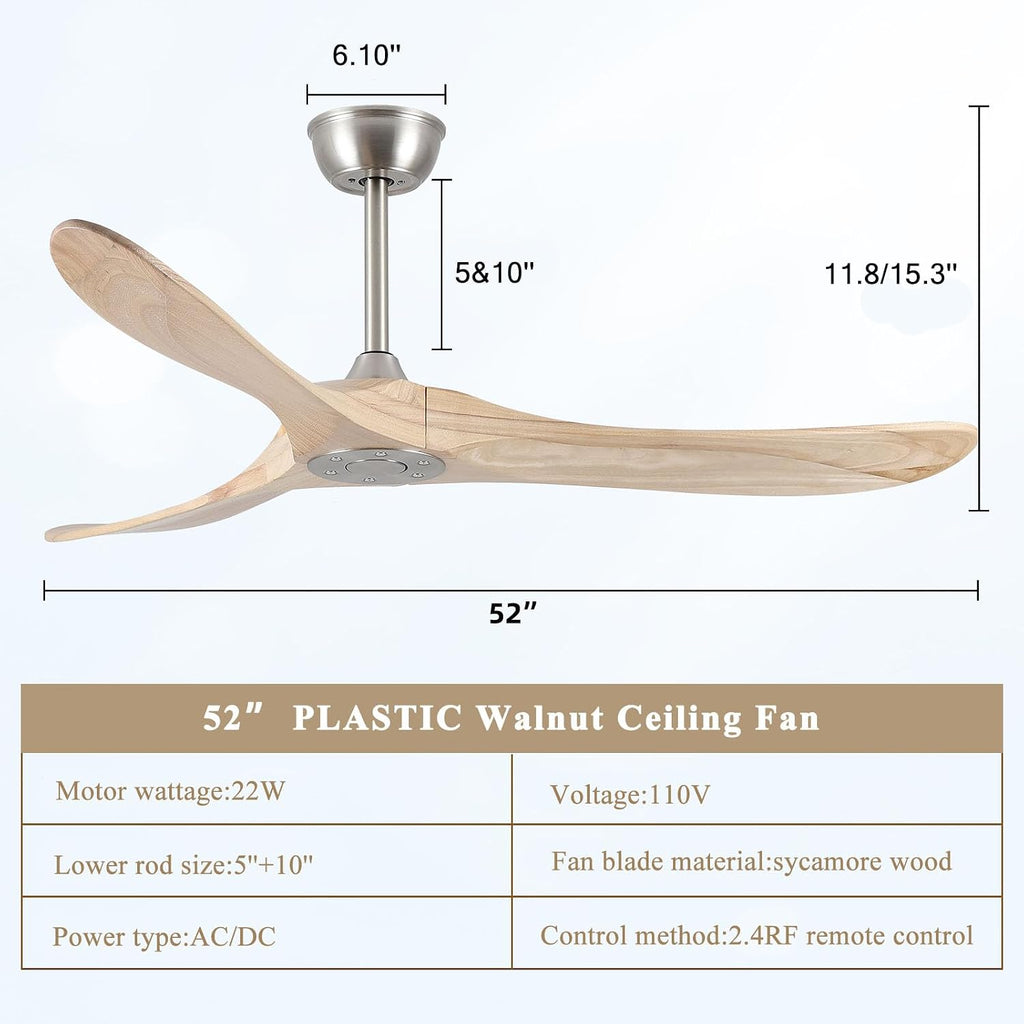 52' Modern Ceiling Fan, No Light, 6-Speed, Reversible, Timed Shutdown, DC Motor, Natural Wood 3 Blade, Porch, Bedroom, Living Room