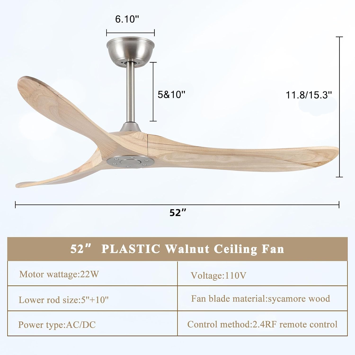 52' Modern Ceiling Fan, No Light, 6-Speed, Reversible, Timed Shutdown, DC Motor, Natural Wood 3 Blade, Porch, Bedroom, Living Room