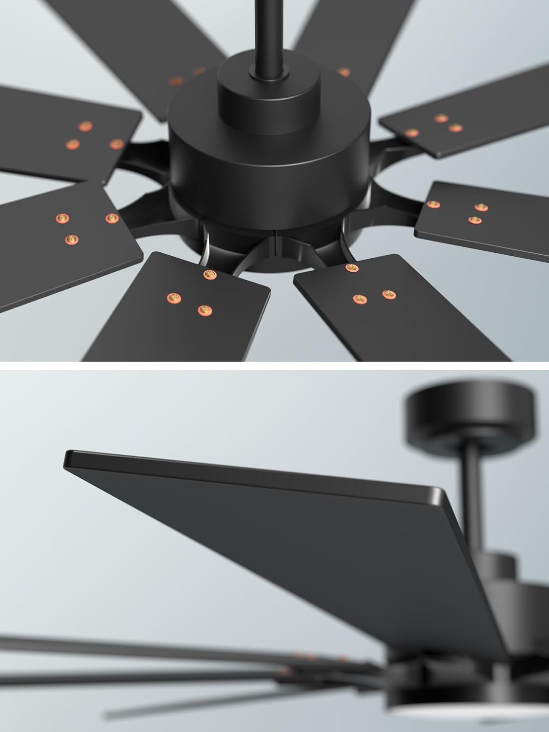 62 Inch Black Ceiling Fan with 5CCT Dimmable Light and Remote, Damp-Rated Indoor/ Outdoor for Patio Industrial Living Room -High CFM Quiet 6-Speed DC Motor, 8 Dual-Finish Blades with Timer 3 Downrods