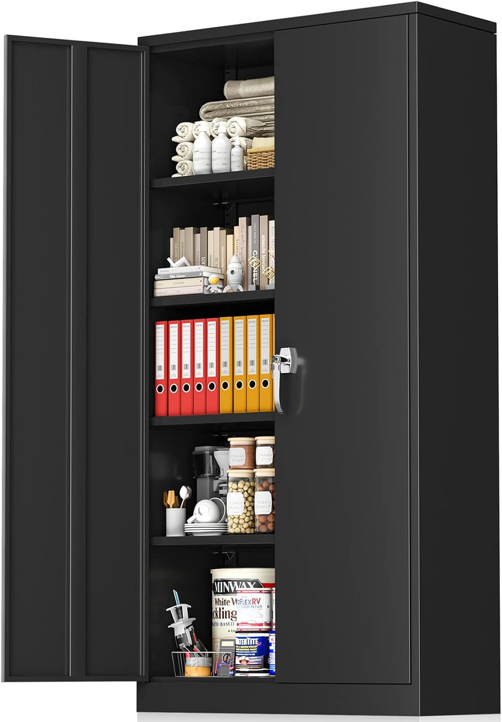 Greenvelly Storage Cabinet, 72' Black Garage Steel Locking Cabinet with Doors and 4 Adjustable Shelves, Tall Lockable File &Tool Cabinet for Home Office, Metal Classroom Cabinet Basement