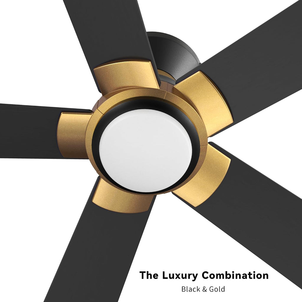 SMAFAN Smart 52' Ceiling Fans with Lights Flush Mount, 3 Light Colors Dimmable, 10 Speeds DC Ceiling Fan with Remote, Outdoor Ceiling Fan Compatible with Alexa, Siri & Google Home, Black Gold