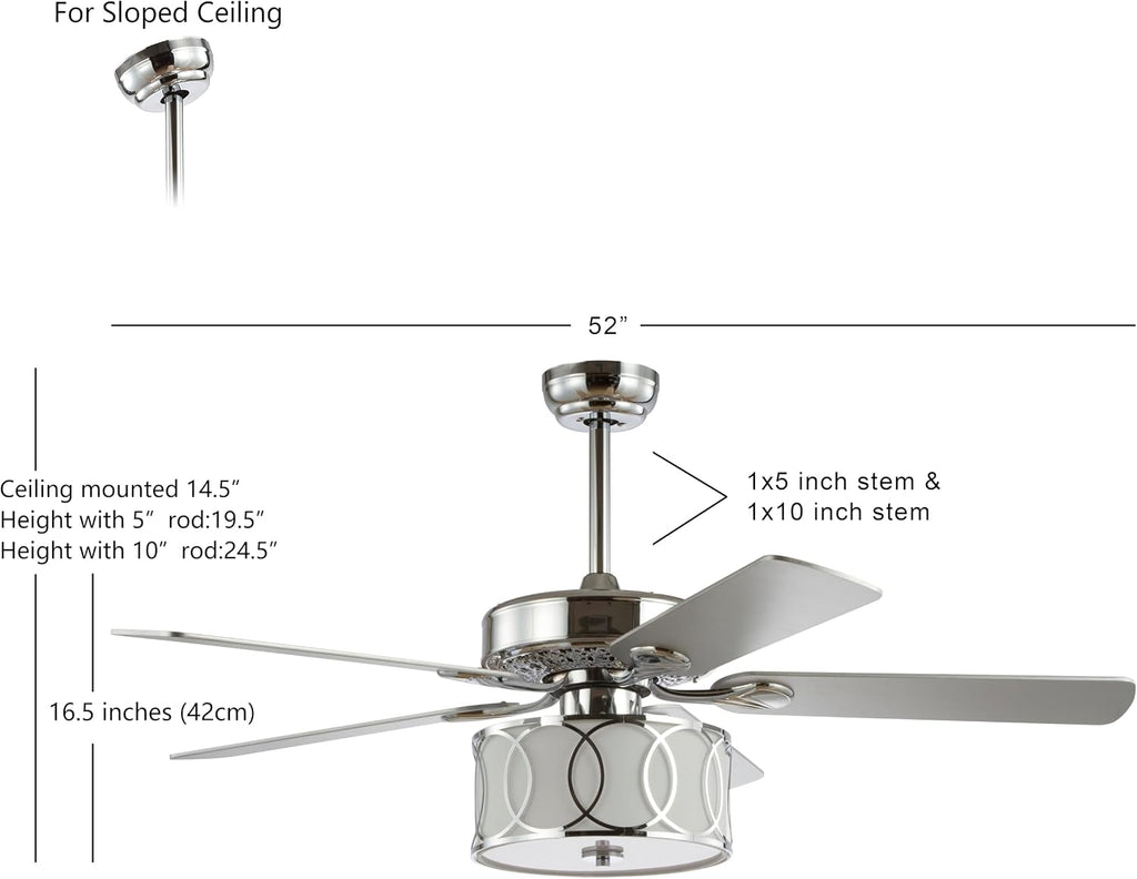 JONATHAN Y 52' Chrome Modern Glam LED Ceiling Fan with Remote, 3-Light Indoor Fan with 5 Reversible Blades, White Fabric Drum Shade for Living Room, Bedroom, ETL Listed JYL9607A