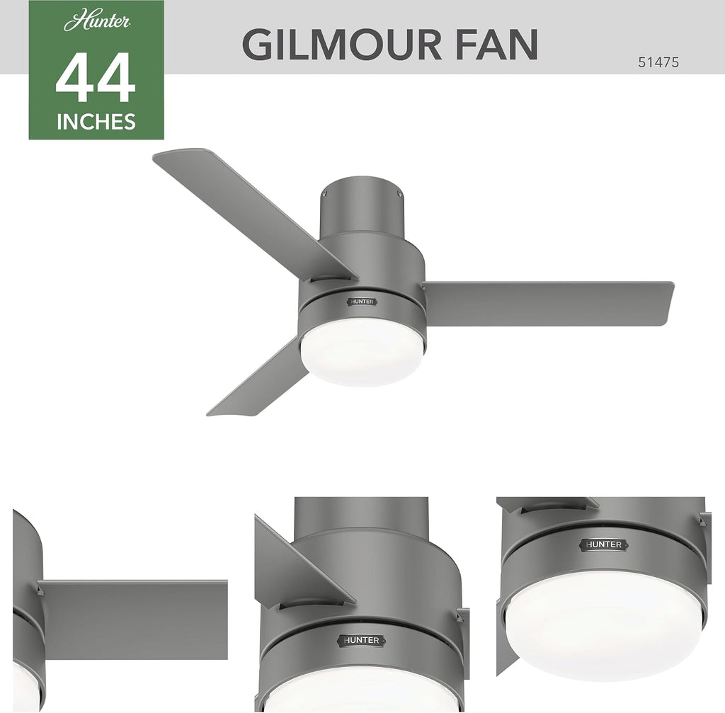 Hunter 44 inch Outdoor or Indoor Ceiling Fan with LED Light and Remote Control - Low Profile Mount Ceiling Fan, 3 Blades, For Patio, Porch, Garage, or Living Room, Quiet - Gilmour 51475, Matte Silver
