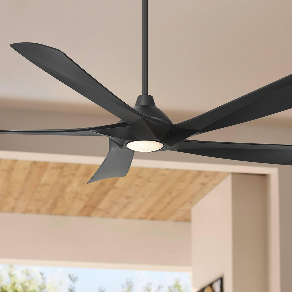 Possini Euro Design 60' Eloquent Modern Indoor Outdoor Ceiling Fan 5 Blade LED Light Remote Control Matte Black Finish Blades Bedroom Patio Living Room Kitchen Porch Damp Rated Decorative DC Motor