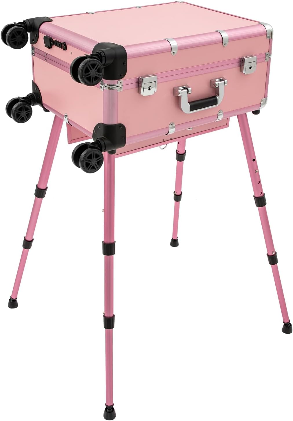 Aluminum Trolley Makeup Train Case with LED Light & Mirror,Professional Travel Cosmetic Organizer Box with Retractable Legs, Rolling Lighted Makeup Vanity Station for Salon Barber (Pink)