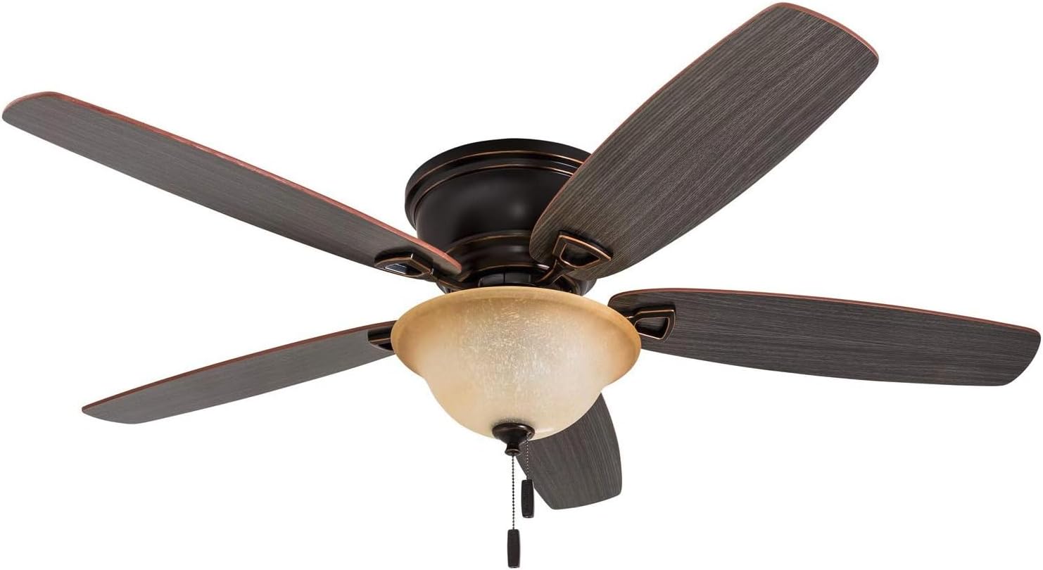 Honeywell Glen Alden 52 Inch Indoor LED Ceiling Fan with Bowl Light, Pull Chain Control, 5 Dual-Finish Blades, Quiet Reversible Motor, White