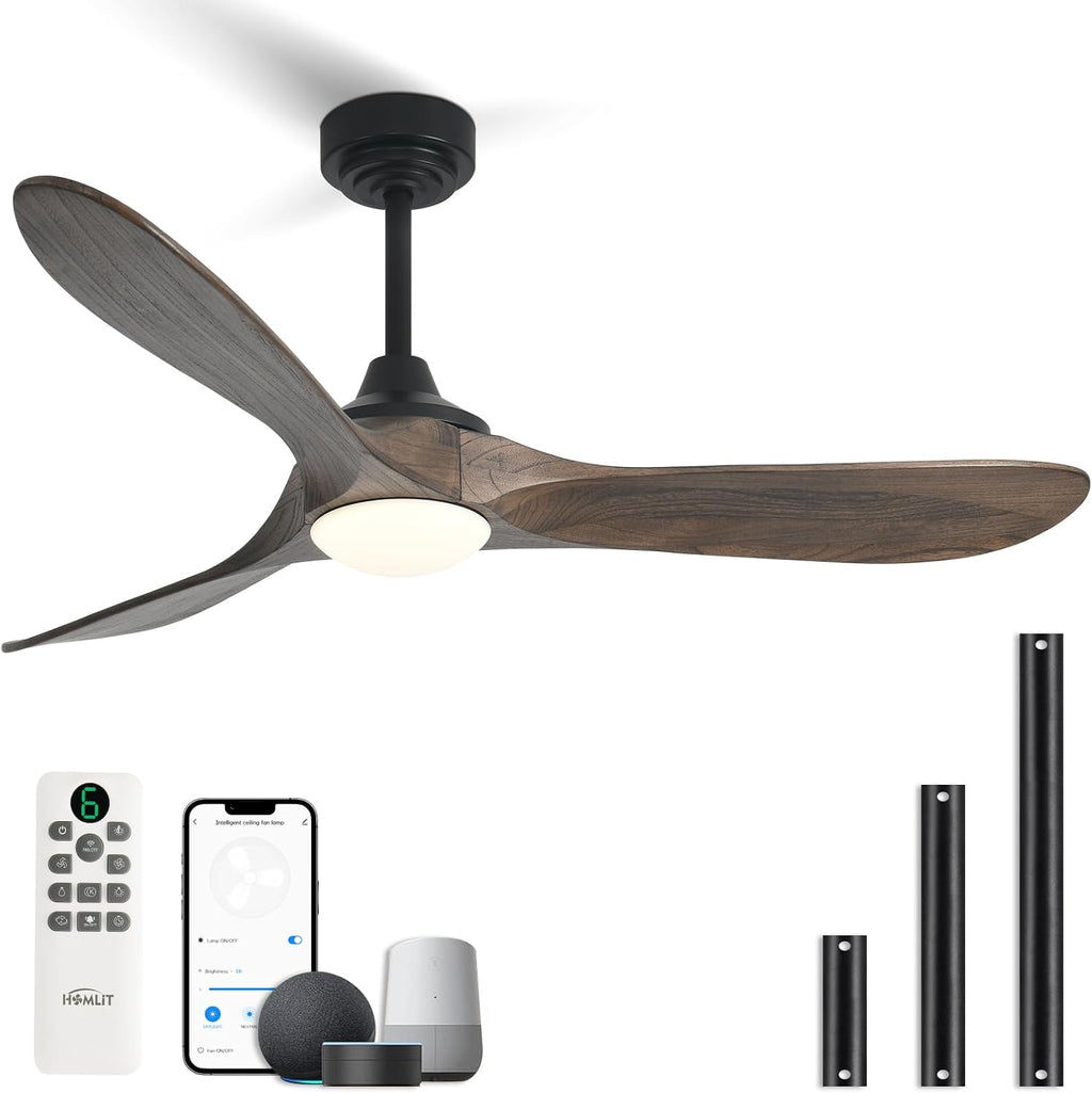 52' Outdoor Ceiling Fan with Light, Compatible with Alexa/Google, 3 Walnut Solid Wood Blade, Noiseless Reversible Dc Motor, Smart Outdoor Wood Ceiling Fan for Farmhouse Patios, Dark Brown
