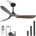 52' Outdoor Ceiling Fan with Light, Compatible with Alexa/Google, 3 Walnut Solid Wood Blade, Noiseless Reversible Dc Motor, Smart Outdoor Wood Ceiling Fan for Farmhouse Patios, Dark Brown