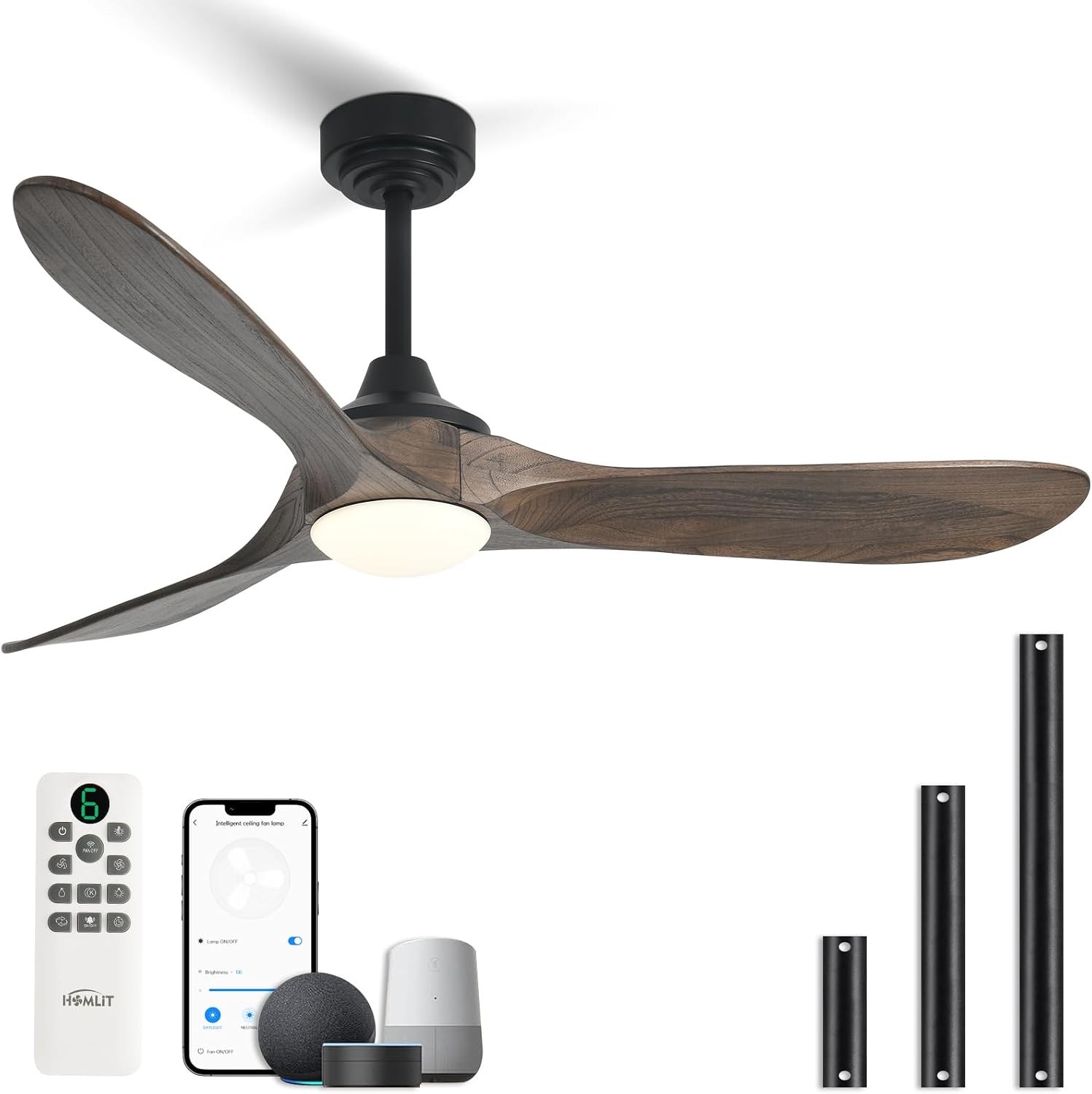 52' Outdoor Ceiling Fan with Light, Compatible with Alexa/Google, 3 Walnut Solid Wood Blade, Noiseless Reversible Dc Motor, Smart Outdoor Wood Ceiling Fan for Farmhouse Patios, Dark Brown