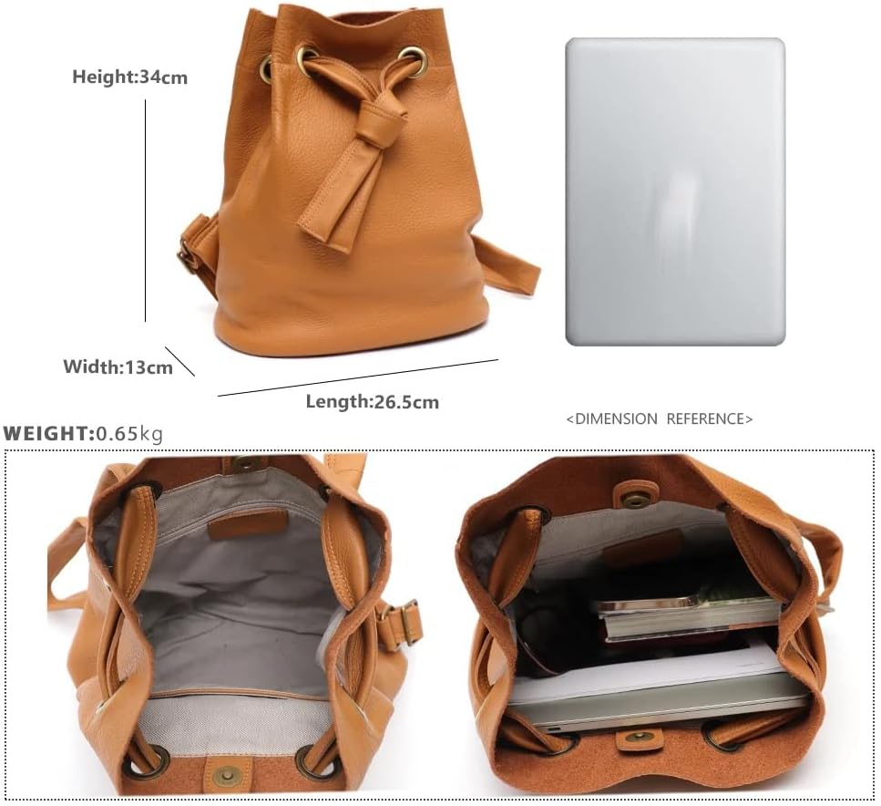 Genuine Leather Backpack Women Fashion Knot Drawstring Casual Shoulder Bag Purse Large School Knapsack(D)