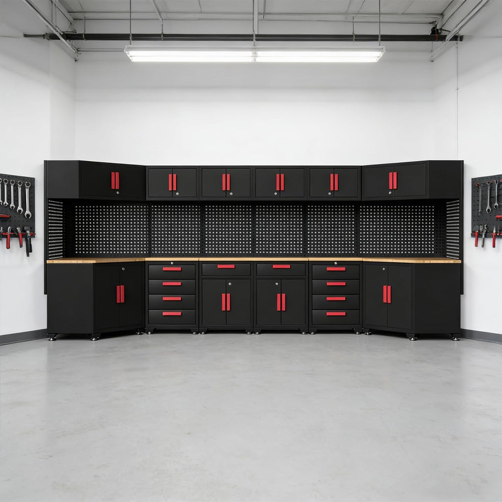 Garage Storage Cabinet System,2Pack Garage Cabinets and Storage System Included Steel Drawers Rolling Chest,Locked Storage Cabinet, Perfect for Organizing Garage and Tools, Red Handle