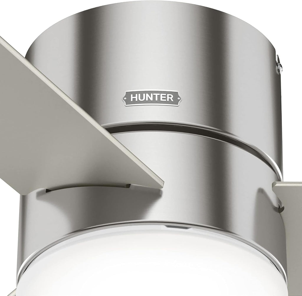 Hunter 52 inch Indoor Ceiling Fan with Light and Remote Control - For Bedroom or Living Room, Low Profile Flush Mount, Modern Ceiling Fan with LED Light, Quiet, 3 Blades- Minimus 51431, Brushed Nickel