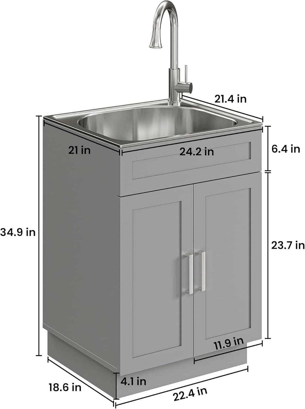 ANCTOR 24 Inch Laundry Sink with Cabinet, Stainless Steel Utility Sink Cabinet with Pull-Out Hot/Cold Faucet Metal Hooks Freestanding Deep Utility Sink for Laundry Utility Room Kitchen Garage