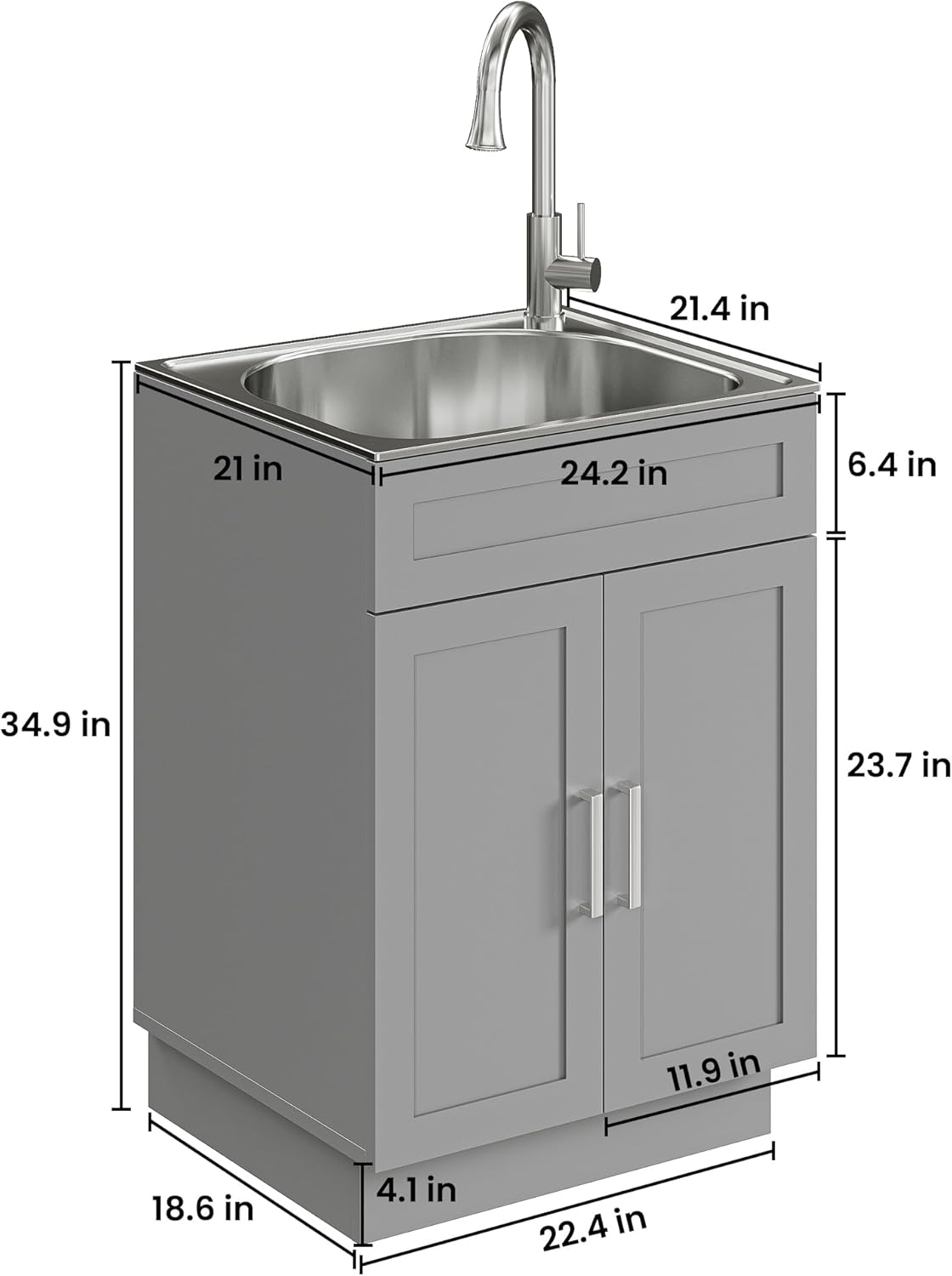 ANCTOR 24 Inch Laundry Sink with Cabinet, Stainless Steel Utility Sink Cabinet with Pull-Out Hot/Cold Faucet Metal Hooks Freestanding Deep Utility Sink for Laundry Utility Room Kitchen Garage