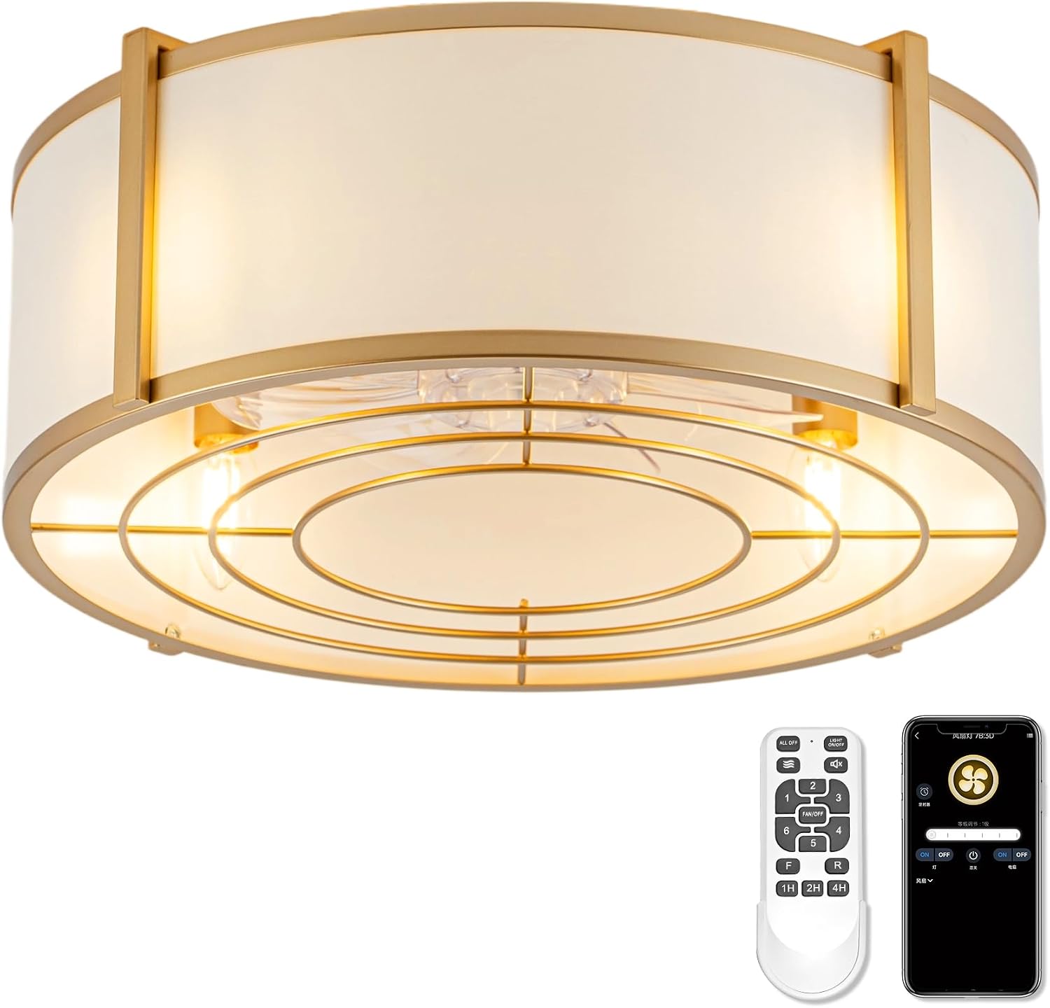 Gold Fandelier Ceiling Fan with Light,Boho Chandelier Caged Ceiling Fan with Light,Mid-Century E26 App Remote Low Profile for Bedroom Living Room (Gold-1)