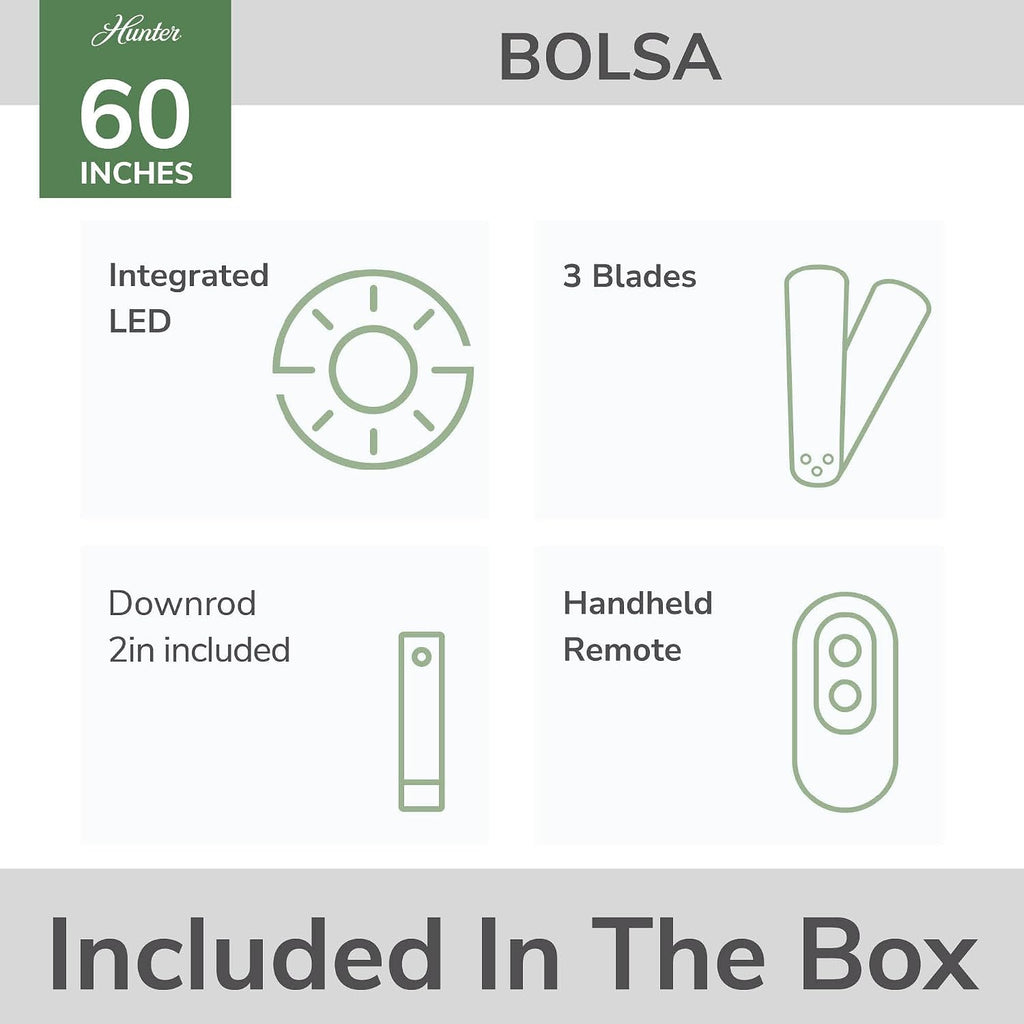 Hunter 60' Bolsa Indoor Ceiling Fan with LED Light, Remote, Fresh White | SureSpeed high velocity airflow, 6-speed DC motor, and 3' downrod support large rooms, bedrooms, offices, or great rooms.