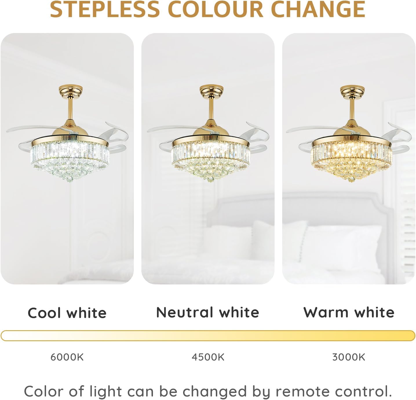 42 Inch Crystal Ceiling Fan with Light and Remote Modern Gold Dimmable Fandelier Invisible Retractable Chandelier Fan for Bedroom Living Room Dining Room