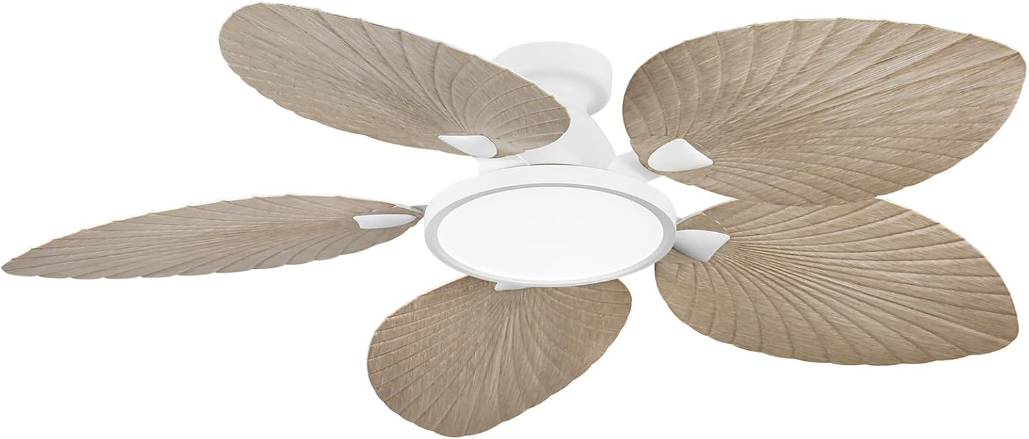 52 Inch Flush Mount Ceiling Fan with Light and Remote, Low Profile Hugger Ceiling Fan with Boho Palm Leaf Blades, Quiet DC Motor, Dimmable LED, for Bedroom, Living Room, Covered Patio
