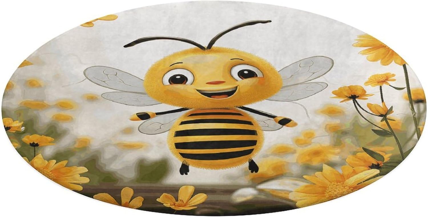 Cute Bees Daisy Flower Coral Velvet Round Floor Mat Non-Slip Bath Rug Floor Covering for Bathroom Vanity Guest Suite & Vacation Home