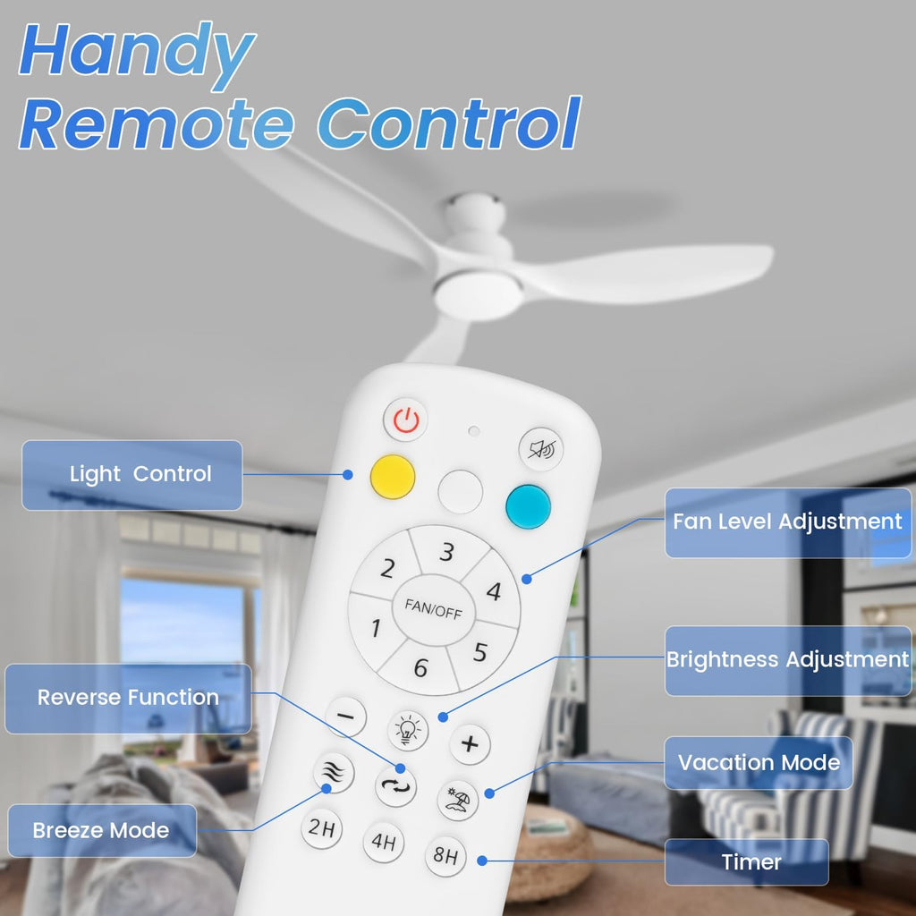 52' White Ceiling Fan with Light and Remote, Flush Mount Low Profile Ceiling Fans, Ceiling Fan with Dimmable LED Lights, 6 Speed, Silent Reversible DC Motor,White Fan for Bedroom/Living Room/Patios